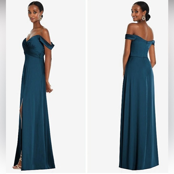 Dessy Collection Off-Shoulder Empire Waist Front Slit Maxi Teal Maxi Dress NWT 0 - Picture 1 of 11
